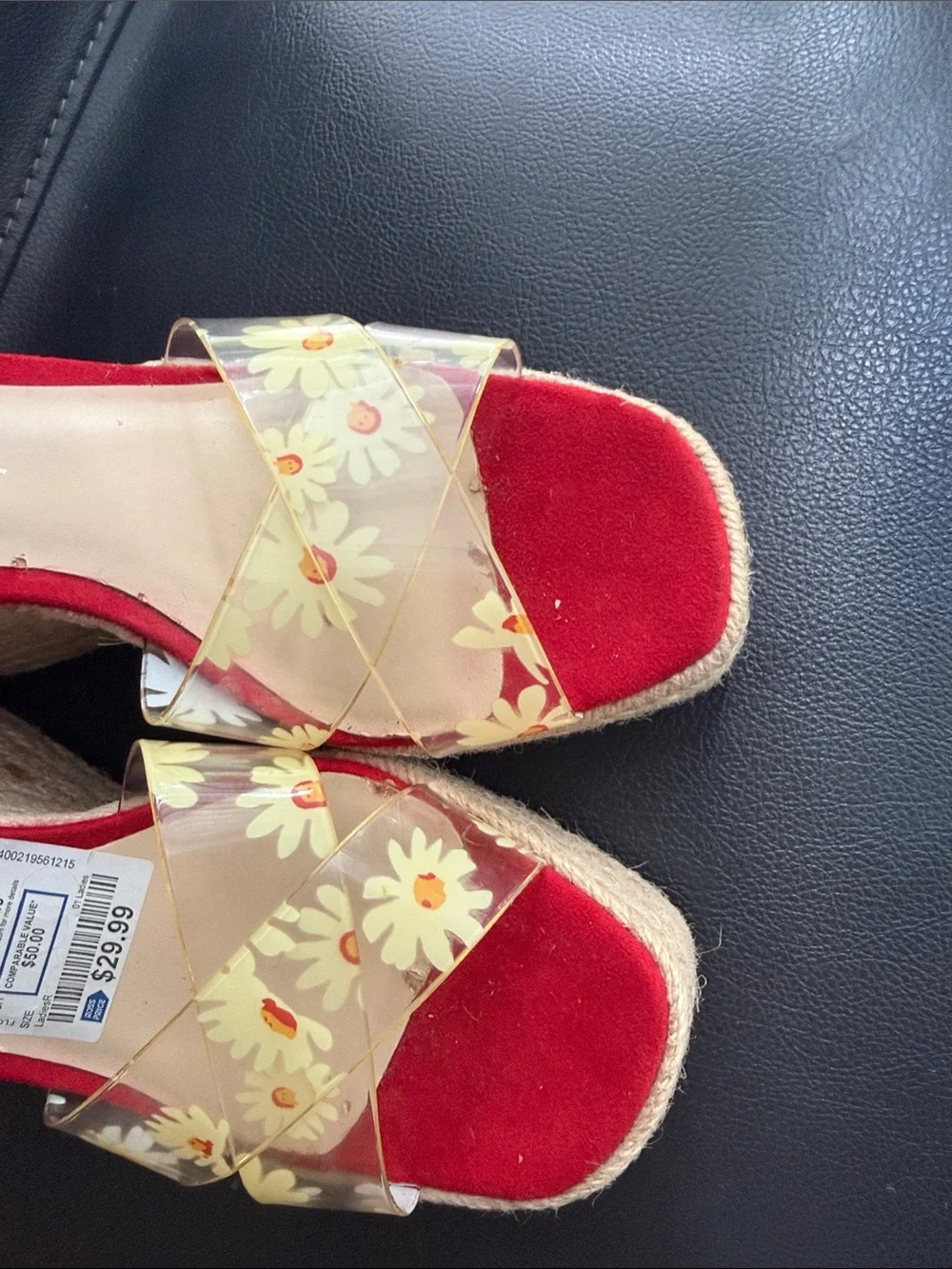 Jessica Simpson Red Suede Espadrille Wedge Sandals with Floral Clear Straps